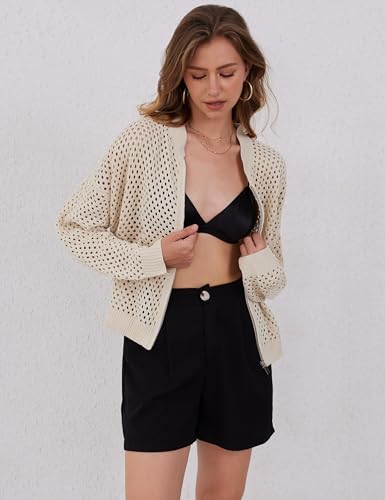 Womens Zip Up Crochet Cardigan Sweater Oversized Long Sleeve Hollow Out Knit Bomber Jacket Fishnet Sweaters