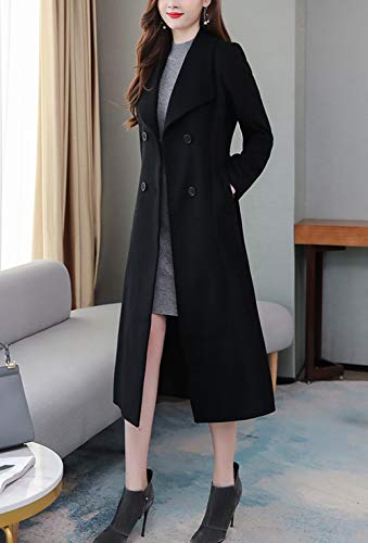 Women's Chic Shawl Collar Work Double Breasted Maxi Long Wool Pea Coat