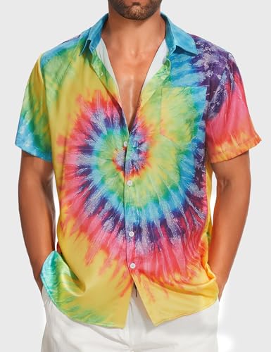 Vintage Shirts for Men Tie Dye Hippie Funny Hawaiian Shirt Button Down Shirts