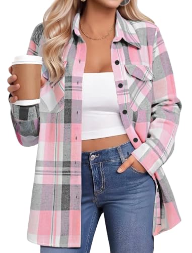 Womens Button Down Flannel Shirts Long Sleeve Plaid Blouses Lightweight Business Dressy Casual Top with Pockets