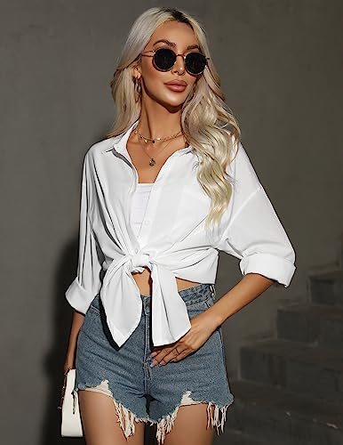 Women Oversized Button Down Shirts Office Drop Shoulder Blouse Long Sleeve Boyfriend Dress Shirt with Pockets