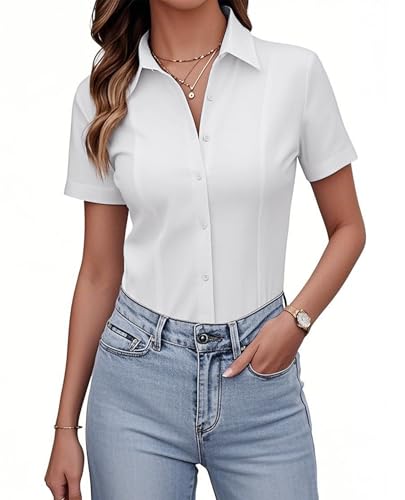 416rM-IrCZL.jpg Women's Button Down Shirts Slim fit Short Sleeve Stretch Dress Shirts Wrinkle-Free Solid Work Blouse
