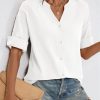 Womens 3/4 Sleeve Button Down Shirts Cotton Linen Roll Up Short Sleeve Tops V Neck Casual Loose Fit Blouses