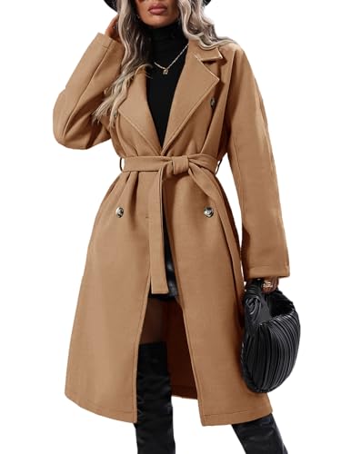 417Xy3csiNL.jpg Women Elegant Wool Pea Coat Lapel Collar Double Breasted Mid-Long Winter Overcoats with Belted Pockets
