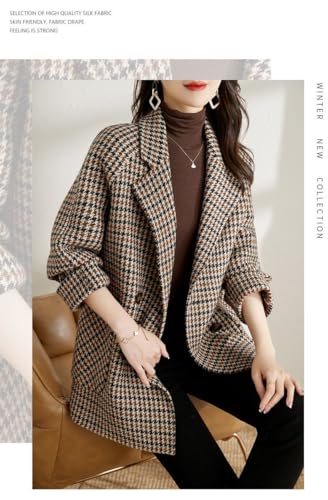 Womens Notched Lapel Pea Coat Double Breasted Blazer Jackets Houndstooth Woolen Blend Overcoat with Pockets