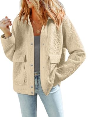 Jackets for Women Casual Long Sleeve Collared Jacquard Coats Trendy Button Down Shacket Jacket with Pockets