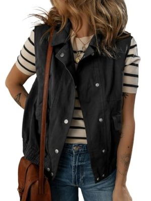 Womens Vests 2025 Fall Outerwear Button-Down Lapel Collar Elastic Hem Sleeveless Jacket Cargo Vest