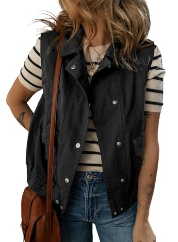 Womens Vests 2025 Fall Outerwear Button-Down Lapel Collar Elastic Hem Sleeveless Jacket Cargo Vest