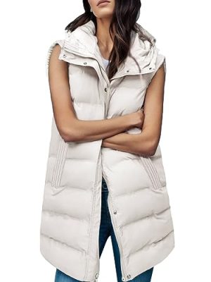 Women's Long Puffer Vest Winter Quilted Hooded Sleeveless Zip Up Long Jacket Vest Gilet