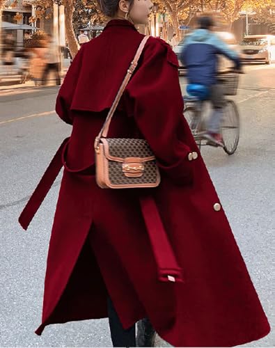 Women's Winter Double Breasted Midi Long Wool Pea Coat Notch Lapel Winter Trench Coat