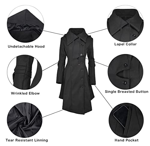 419dLjEAvpL.jpg Long Trench Pea Coat for Women - Wool Winter Trench Coat Goth Lapel Peacoat Outwear Thick Hood Pea Jacket Trenchcoat