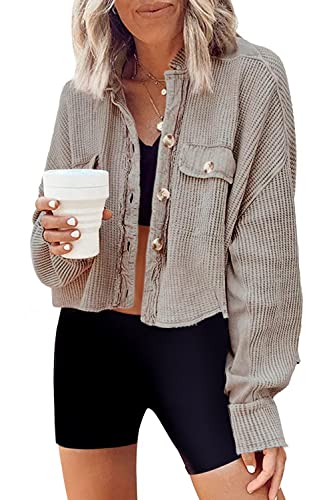 Women's Cropped Waffle Knit Shacket Short Button Down Jacket Batwing Sleeve Shirts with Pocket