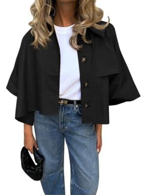 Womens Oversized Cropped Trench Coats Single Breasted 3/4 Cape Sleeve Trendy Casual Jackets Button up Outerwear
