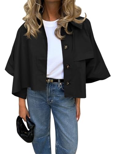 41AFYII7trL.jpg Womens Oversized Cropped Trench Coats Single Breasted 3/4 Cape Sleeve Trendy Casual Jackets Button up Outerwear