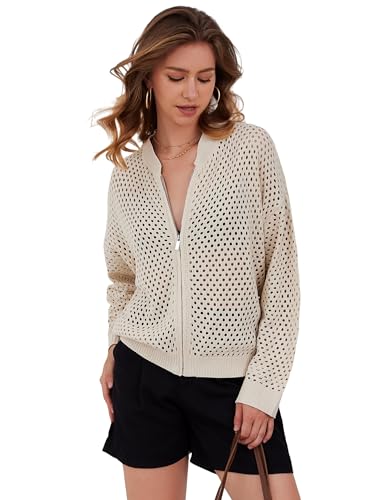 Womens Zip Up Crochet Cardigan Sweater Oversized Long Sleeve Hollow Out Knit Bomber Jacket Fishnet Sweaters