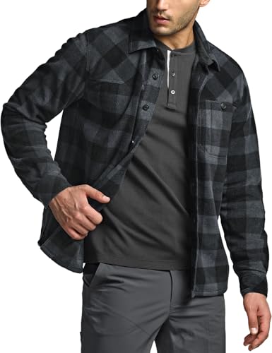 Men's Long Sleeve Heavyweight Fleece Shirts, Plaid Button Up Shirt, Warm Outdoor Casual Shirt with Pockets