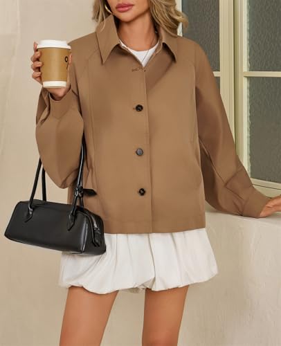 41BZ9APV14L.jpg Womens Oversized Cropped Trench Coat Batwing Sleeve Single Breasted Lapel Casual Jackets Fall Button up Outerwear