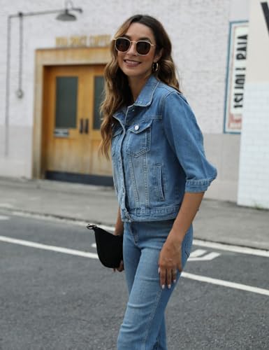 Women's 3/4 Sleeve Short Denim Jacket Lapel Button Down Cropped Trucker Jean Jackets Coats
