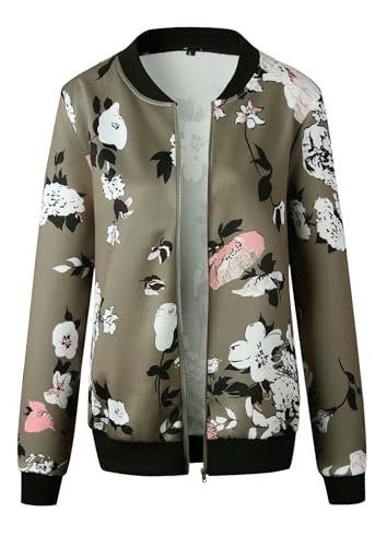 Women's Casual Floral Zip Up Bomber Jacket Coat Lightweight Short Camo No Lining Outwear Tops Windbreaker with Pocket