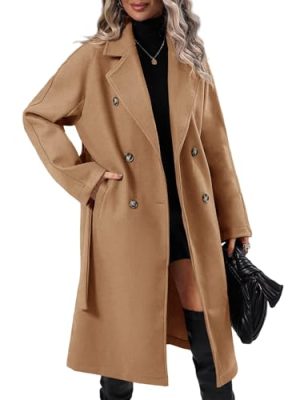 Women Elegant Wool Pea Coat Lapel Collar Double Breasted Mid-Long Winter Overcoats with Belted Pockets