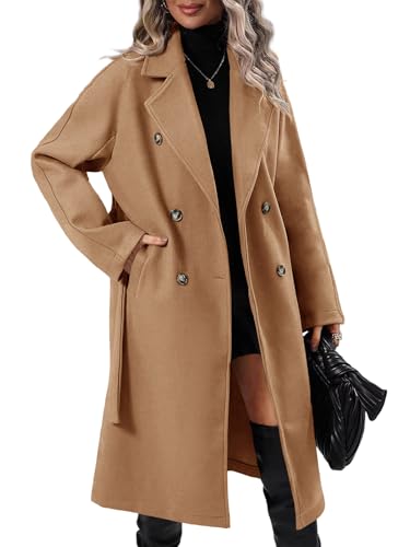 41Cz9VI8-FL.jpg Women Elegant Wool Pea Coat Lapel Collar Double Breasted Mid-Long Winter Overcoats with Belted Pockets