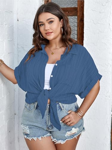 Women Plus Size Button Down Short Sleeve Shirts Collared Textured Summer Blouse Casual Tops with Pockets