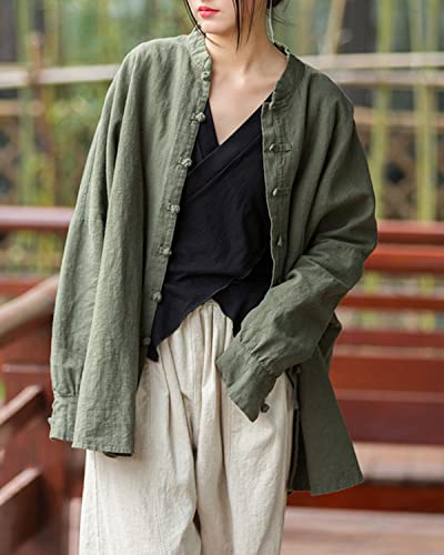Women's Linen Oversized Blouses Vintage Long Sleeve Jackets Loose fit Chinese Frog Shirts