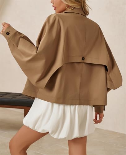 41EIDIZRxTL.jpg Womens Oversized Cropped Trench Coat Batwing Sleeve Single Breasted Lapel Casual Jackets Fall Button up Outerwear