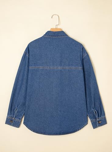 41EzP7rk45L.jpg Women Denim Shirts Oversized Long Sleeve Button Down Blouse V Neck Casual Top Shackets