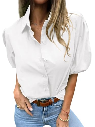 Women's Button Down Shirts Short Puff Sleeve Collared Dressy Casual Blouse Tops