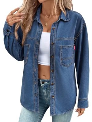 Women Denim Shirts Oversized Long Sleeve Button Down Blouse V Neck Casual Top Shackets