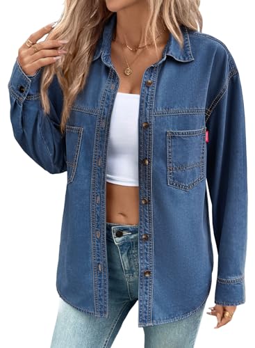 41FgeuQq91L.jpg Women Denim Shirts Oversized Long Sleeve Button Down Blouse V Neck Casual Top Shackets