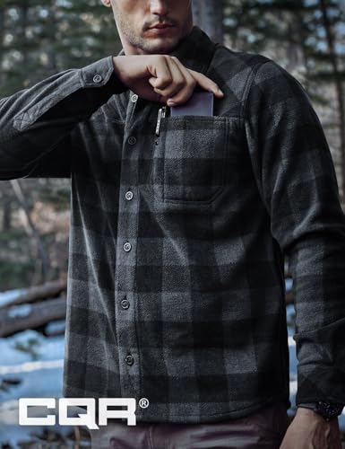Men's Long Sleeve Heavyweight Fleece Shirts, Plaid Button Up Shirt, Warm Outdoor Casual Shirt with Pockets