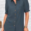 41GXggl0tML.jpg Womens Summer Short Sleeve Button Down Shirts V Neck Collared Casual Blouse Tops with Pockets