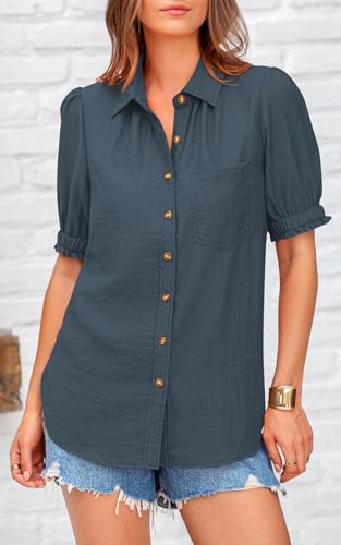 41GXggl0tML.jpg Womens Summer Short Sleeve Button Down Shirts V Neck Collared Casual Blouse Tops with Pockets