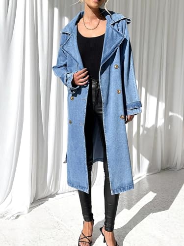 Women's Long Double Breasted Denim Jacket Oversized Button Down Maxi Jean Coat Classic Lapel Outercoat