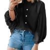 Womens Puff Sleeve Tops 3/4 Button Down Shirts Ruffle Cuff Back Pleated Cotton Blouse