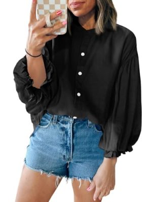 Womens Puff Sleeve Tops 3/4 Button Down Shirts Ruffle Cuff Back Pleated Cotton Blouse