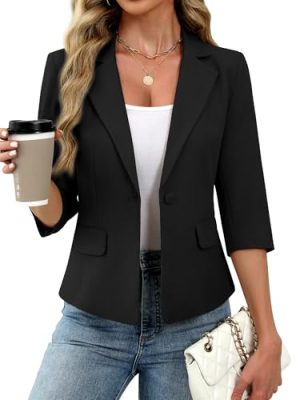 Women's 3/4 Sleeve Blazer, Lightweight Slim Fit Suit Business Casual Jacket for Work