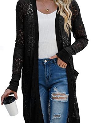 Womens Lightweight Longer Length Cardigan Long Sleeve Casual Crochet Open-Front Sweater with Pockets