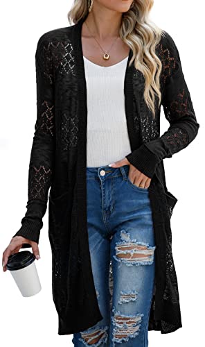 41IoI32qepL.jpg Womens Lightweight Longer Length Cardigan Long Sleeve Casual Crochet Open-Front Sweater with Pockets