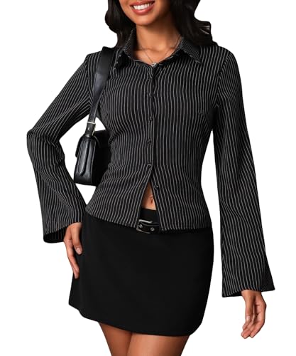 41KkBlRzdL.jpg Women Striped Fitted Button Down Shirts Bell Long Sleeve Shirt Office Work Blouse Tops