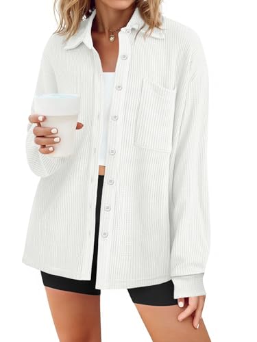 41KlCgcZAL.jpg Womens Waffle Knit Button Down Shirts Fall Dressy Casual Long Sleeve V Neck Blouse Loose Fit Work Tops Shacket