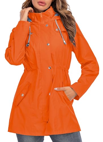 Rain Jacket Women Striped Lined Hooded Lightweight Raincoat Outdoor Waterproof Windbreaker