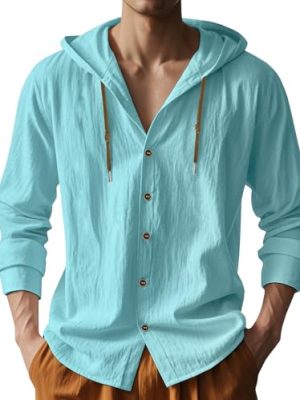 Men Cotton Linen Long Sleeve Button Down Shirt Summer Casual Hawaiian Beach Tops Lightweight Fashion Hoodies