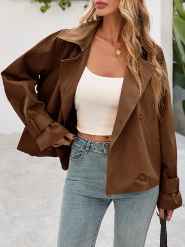 41LLNU9Li2L.jpg Womens Cropped Trench Coat Short Single Breasted Jackets Lightweight Casual Outerwear
