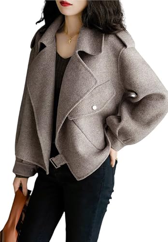 41Lpfgd-s3L.jpg Women Cropped Wool Coats Notched Lapel Pea Coat Open Front Trench Overcoat Jackets with Pockets