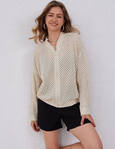 Womens Zip Up Crochet Cardigan Sweater Oversized Long Sleeve Hollow Out Knit Bomber Jacket Fishnet Sweaters