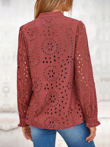 41NQWHLUcgL.jpg Women's Fall Fashion Long Sleeve Shirts Button Down Dressy Casual Blouses V Neck Eyelet Embroidery Hollow Out Tops