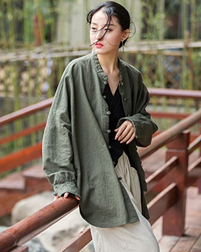 Women's Linen Oversized Blouses Vintage Long Sleeve Jackets Loose fit Chinese Frog Shirts